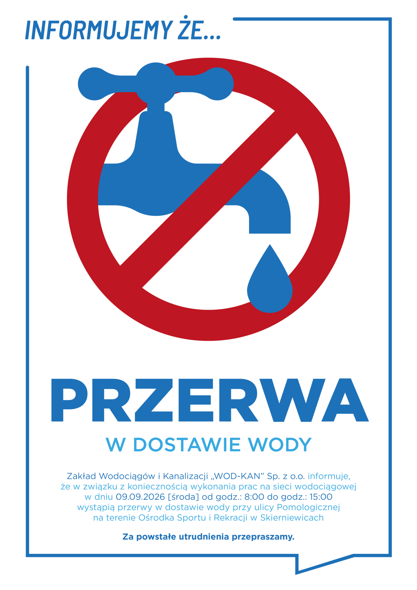 Przerwa w dostawie wody 9 września 2026 w godzinach 8:00–15:00 przy ulicy Pomologicznej, na terenie Ośrodka Sportu i Rekreacji w Skierniewicach.